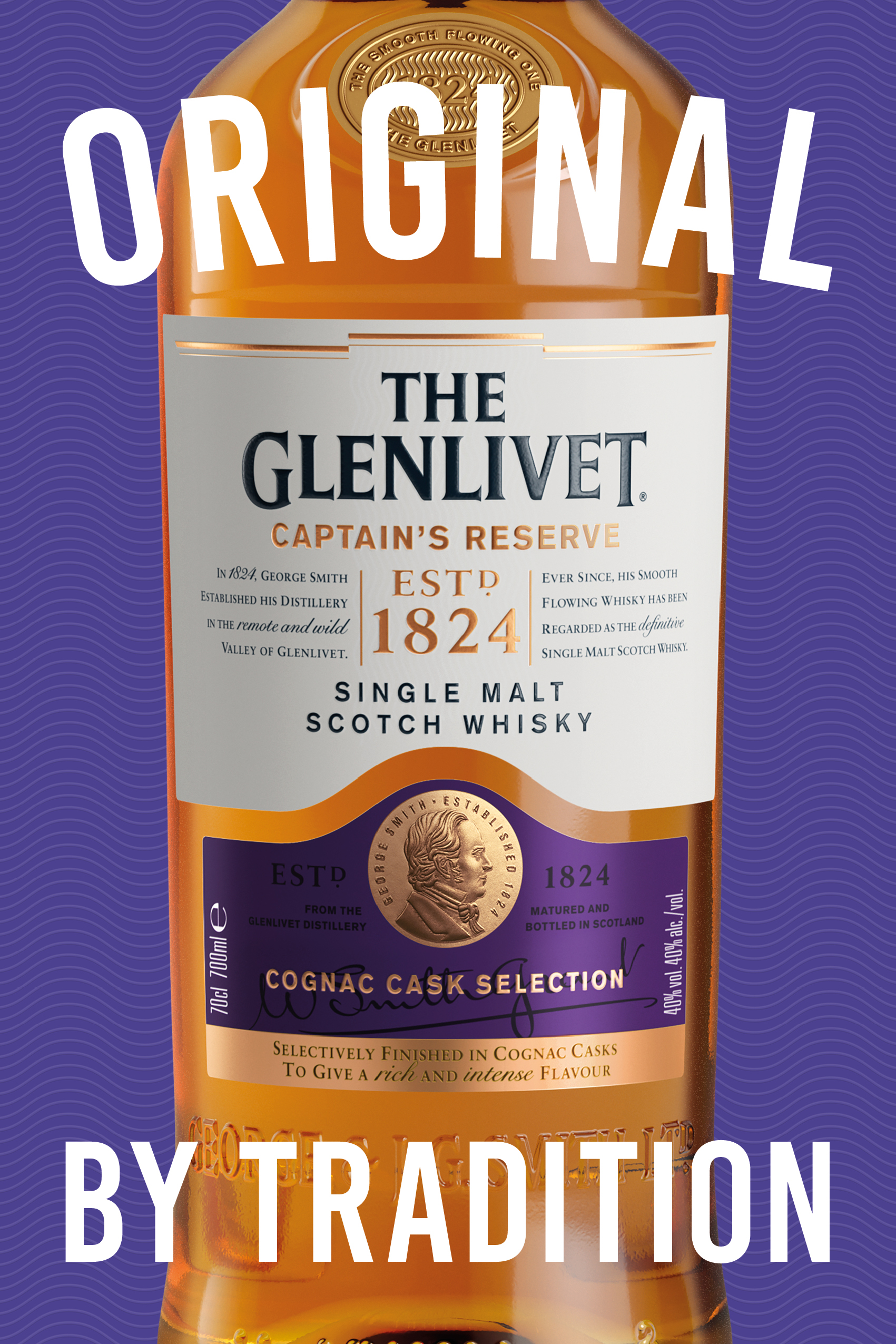 Bottle of The Glenlivet Captain's Reserve on Violet background "Original by Tradition" ad Campaign by CPB London